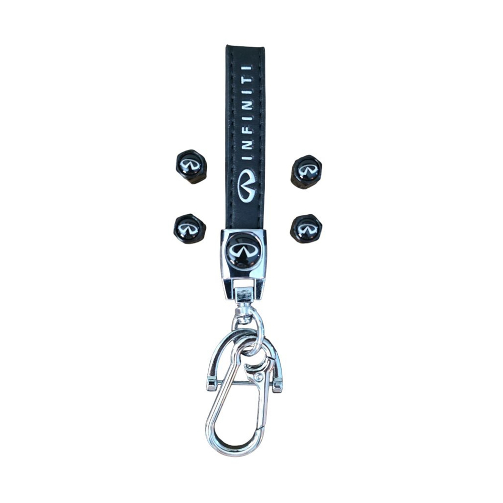 Infiniti Black & Silver Leather Keychain &‎ Valve Cap Set One Size